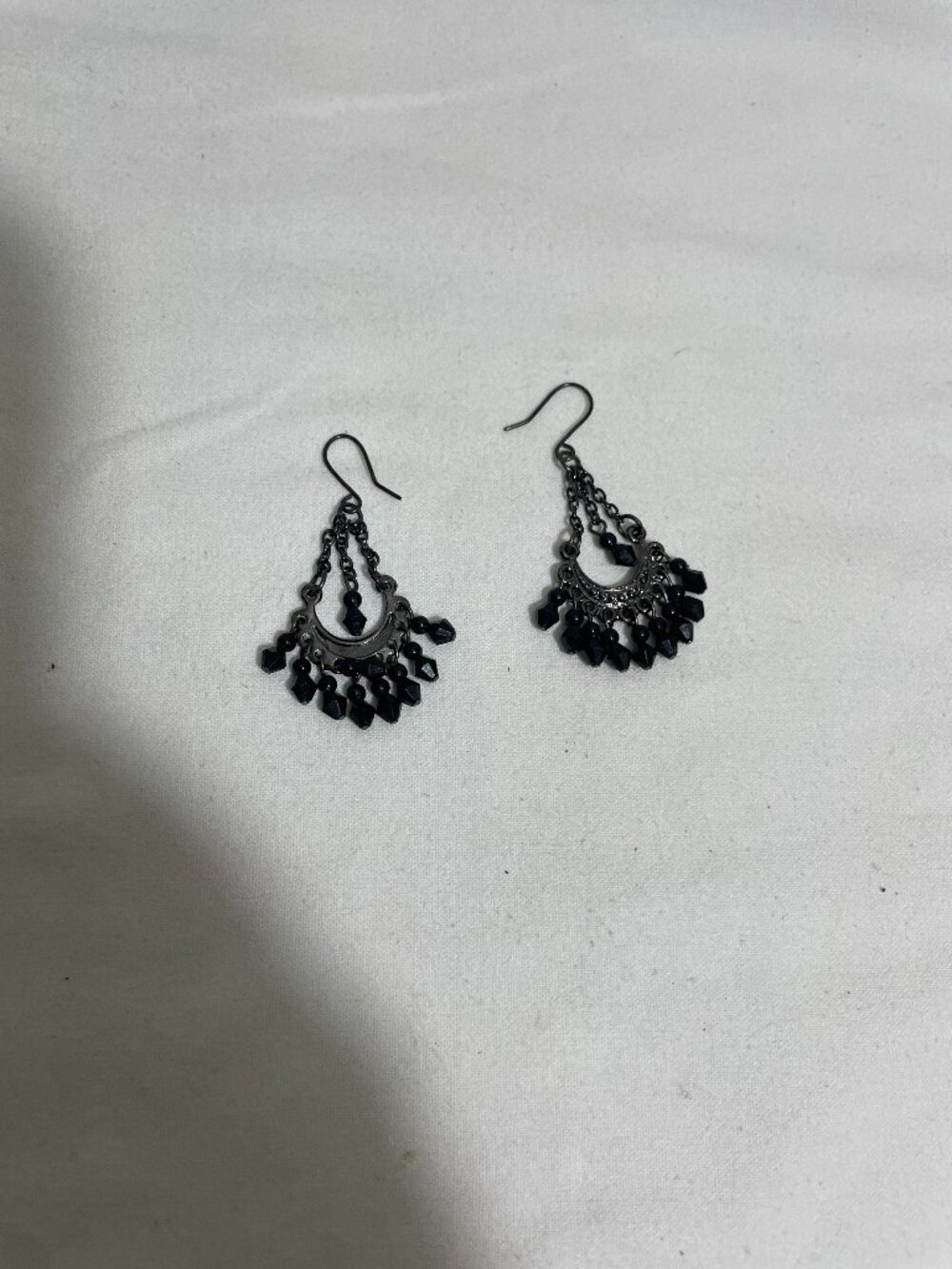 Black Beaded Crescent Moon Chandelier Dangle Earrings Gunmetal Tone 2”